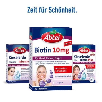 Abtei Biotin 10 mg Forte - Ādai, matiem un nagiem - Ar 10 mg biotīna - augsta deva, bez glutēna, piemērots veģetāriešiem - 30 tabletes