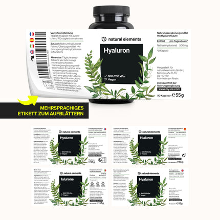 Vegānu hialuronskābe – 500 mg hialuronskābes/kapsulā – 90 kapsulas 3 mēnešiem – 500–700 kDa – augsta deva, bez piedevām – ražots Vācijā un laboratoriski pārbaudīts