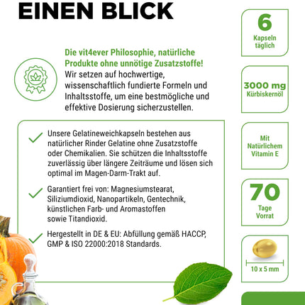 Ķirbju sēklu eļļa - 420 kapsulas - 3000 mg dienā - Ar dabīgo E vitamīnu - Augsta deva - Dabīga un auksti spiesta - Laboratorijā pārbaudīta