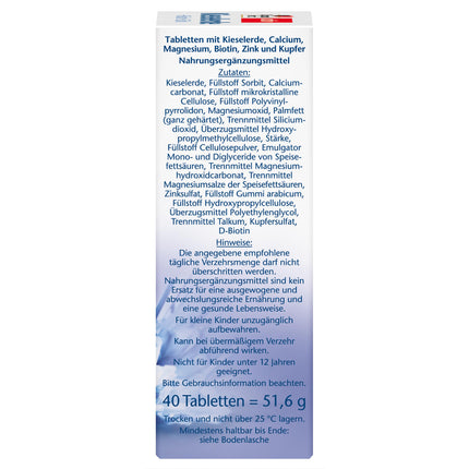 Doppelherz Silica + Biotīns + Cinks - Biotīns veicina normālas ādas un matu veselības uzturēšanu - 40 tabletes