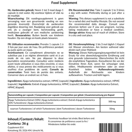 Cupplement Turkesterone 60 kapsulas 500 MG 10% ekstrakts Ajuga Turkestanica - alternatīva Tongkat Ali un Fadogia Agrestis - Turksterons - sportistiem un kultūristiem - augsta deva - vienam mēnesim