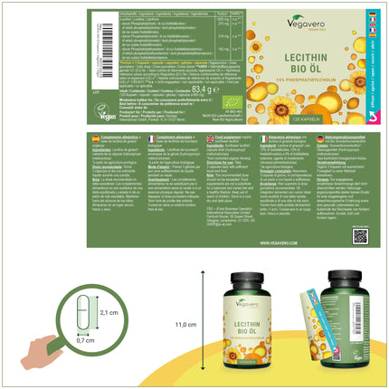 Organiskās lecitīna kapsulas | 1800 mg no saulespuķēm | Vegāns | Aukstā spieduma | 15% fosfatidilholīns | bez sojas | 120 gabali | Vegavero®