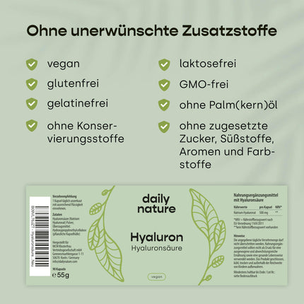 dailynature hialuronskābe 90 kapsulas | 1100 kDa | liela deva ar 500 mg nātrija hialuronāta vienā kapsulā | vegāns | bez nevēlamām piedevām | bezglutēna | bez laktozes