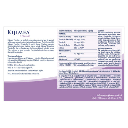 Kijimea FloraCare – veidots pēc dabiskā maksts mikrobioma parauga | 33 īpaši saskaņotas pienskābes baktērijas maksts vajadzībām augstā devā + vitamīni B2, B3, B7 un cinks - 28 gab.