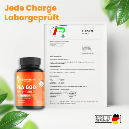PEA kapsulas | MIKRONIZĒTS: 600 mg palmitoiletiololamīda vienā kapsulā | 120 kapsulas | 100% tīri zirņi, laboratoriski pārbaudīti | Ražots Vācijā — SUPPLENATURA®