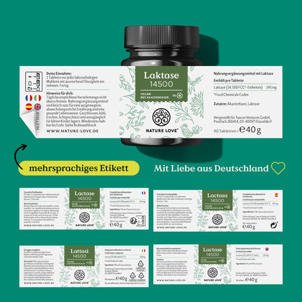 NATURE LOVE® laktāzes tabletes – 90 tabletes – augsta deva ar 14500 FCC – ar akācijas šķiedru bez sintētiskām piedevām, vegānas – laboratoriski pārbaudītas laktāzes tabletes, ražotas Vācijā