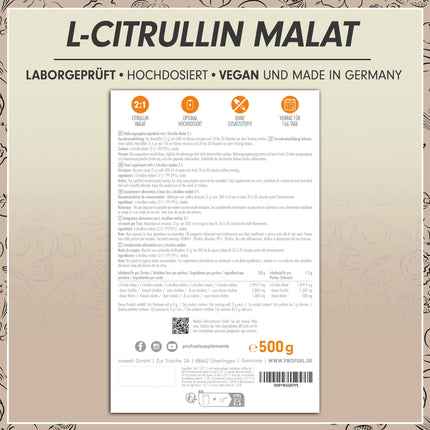 L-citrulīna malāta 2:1 pulveris 500 g, optimāli dozēts, lieliska šķīdība, ideāli piemērots kā uztura bagātinātājs pirms treniņa, augstākā tīrības pakāpe, laboratoriski pārbaudīts, bez piedevām, 100 % vegāns