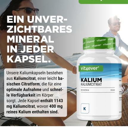 Kālijs - 365 kapsulas ar 800 mg elementārā kālija (no kālija citrāta) vienā dienas devā - vegāns, augsta deva, bez piedevām