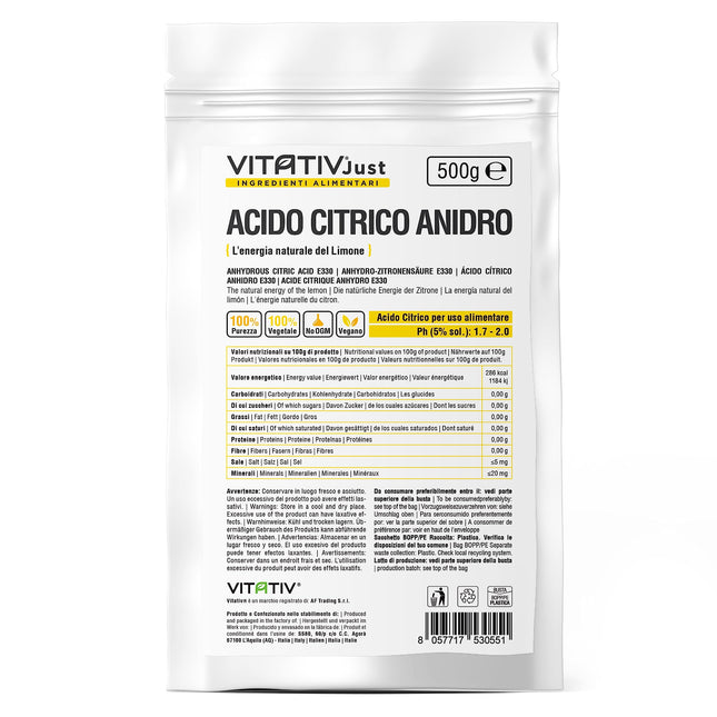 VITATIV - Bezūdens citronskābe, 100% tīra – 500 g – Pārtikas kvalitātes – Konservants, ideāli piemērots konditorejas izstrādājumiem un ēdiena gatavošanai – Skābinātājs pulverveidā dzērieniem un ievārījumiem