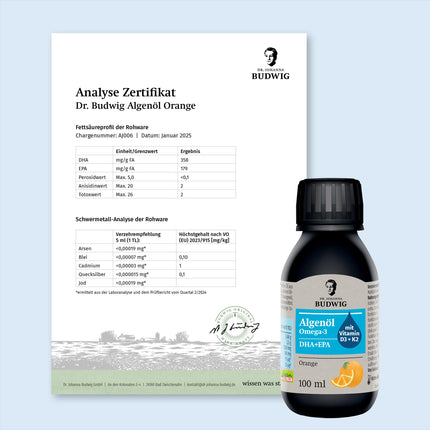 Dr. Johanna Budwig Omega 3 aļģu eļļa vegānam apelsīnu aromātam (100 ml) - augsta deva, bagāta ar DHA, EPA, D3 un K2 vitamīniem - šķidra aļģu eļļa vegānai, šķidra aļģu eļļa laboratoriski pārbaudīta