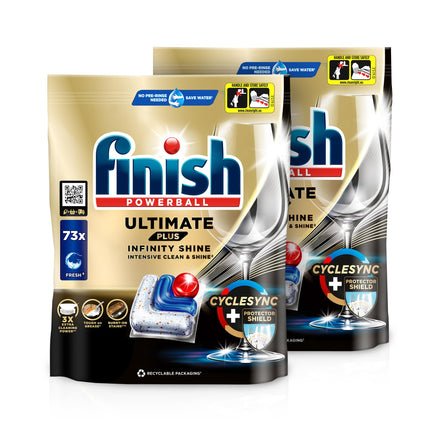 Finish Ultimate Plus Infinity Shine trauku mazgājamās mašīnas tabletes – trauku mazgājamās mašīnas tabletes intensīvai tīrīšanai, tauku šķelšanas jaudai un spīdumam ar aizsargvairogu – 2 x 73 kapsulas