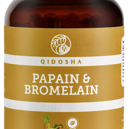 QIDOSHA® Papain Bromelain zarnās šķīstošās kapsulās, 320 mg vienā kapsulā, 90 kapsulas farmaceita glāzē, augstākā enzīmu aktivitāte 6194 USP (papaīns), Papain enzīms no papaijas, Bromelaīns no ananasiem