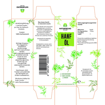 NATURFREUND® Premium kaņepju eļļa AUGSTAS DEVAS kaņepju sēklu eļļa Omega 3-6-9 eļļa taukskābes dabīgā eļļa - ražota Vācijā - 10 ml
