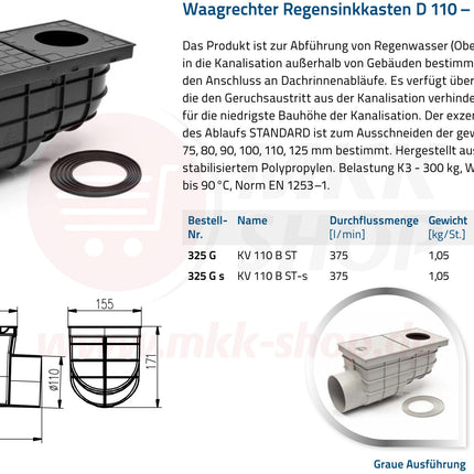 Horizontāla lietus noteka, melna, Ø 110 mm - 171 mm, uzstādīšanas dziļums, pretvārsts, pretvārsta blīvējums, smakas vārsts, notekcaurule, notekcaurules siets