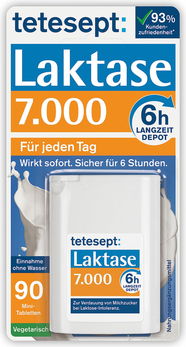 tetesept Lactase 7000 – laktāzes tabletes laktozes nepanesības gadījumā – uztura bagātinātājs ar tūlītēju iedarbību un 5 stundu ilgstošu depo – 1 bundža ar 90 tabletēm