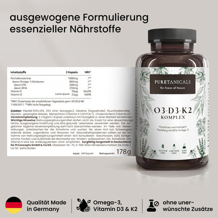 Omega 3 + D3 vitamīns, K2 MK7 All-Trans mikrokapsulās - Premium Essentials O3-D3-K2 augsta deva - zivju eļļa ar neaizvietojamām EPA un DHA taukskābēm | Zivju eļļa Omega3 Zivju eļļas pilieni | 240 kapsulas
