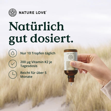 NATURE LOVE® K2 vitamīns MK7-200µg - 1700 pilieni (50ml) - Augstākais transtaukskābju saturs 99,7+% - Augsta kvalitāte: K2VITAL® no Kappa - izšķīdināts MCT kokosriekstu eļļā - Augsta deva, vegāns un ražots Vācijā