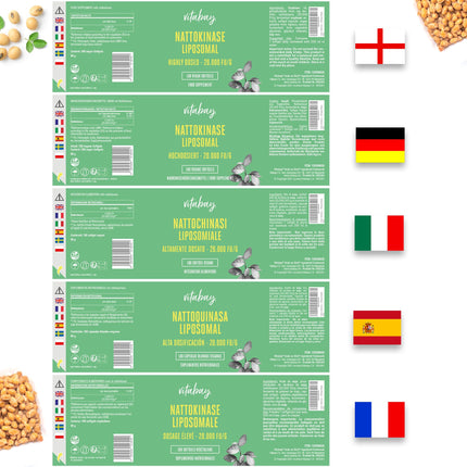 Vitabay Nattokināzes kapsulas ar augstu devu 20 000 FU - liposomālas un vegānas - 180 Nattokināzes kapsulas - enzīms Natto fermentētās sojas pupiņās - Nattokināzes tabletes ar augstu devu Natokināze L
