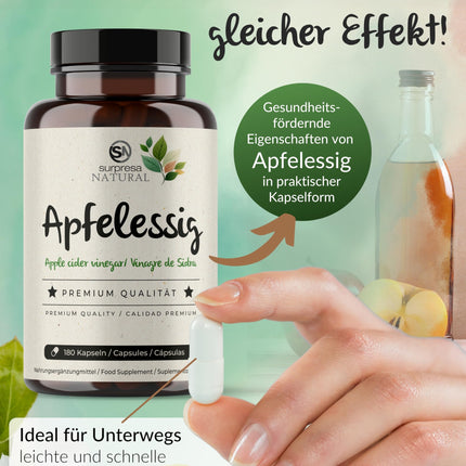 Surpresa dabīgā ābolu sidra etiķa kapsulas ar augstu devu | 1 x 180 kapsulas | 1000 mg ābolu sidra etiķa vienā dienas devā | Ābolu sidra etiķis - uztura bagātinātājs, vegāns un laboratorijā pārbaudīts | Ābolu sidra etiķis