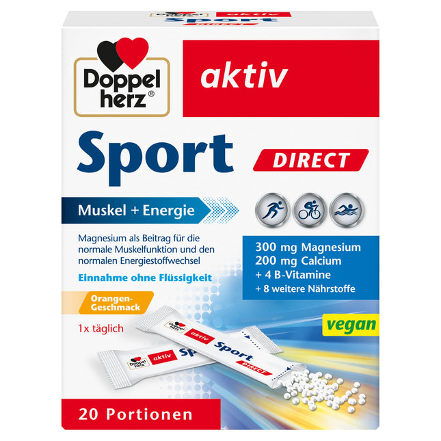 Doppelherz Sport DIRECT - Muskuļi + Enerģija - Magnijs, Kalcijs un B vitamīni - sportistiem un fiziski aktīviem cilvēkiem - 20 vegānas porcijas ar apelsīnu garšu