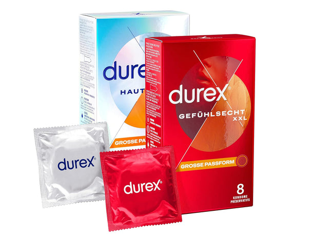 Durex XXL prezervatīvu jauktais iepakojums - reālistiski prezervatīvi ar lielisku piegulšanu un cieši pieguļošu ādu. Prezervatīvi ar lielu, anatomisku, viegli uzvelkamu formu - samitrināti ar silikona lubrikantu - 16 gabali (2 x 8 gabali)