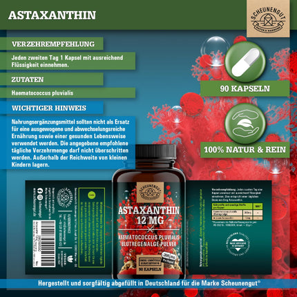 Astaksantīns 12 mg - SVARĪGI: Neoksidējas, pateicoties esterificētai struktūrai - Tiešs avots no Francijas (nevis Ķīnas preces) - Sertificēts astaksantīns augstā devā - DE- SCHEUNENGUT®