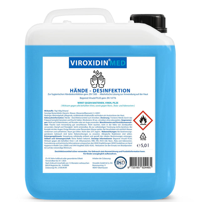 Viroxidin Med roku dezinfekcijas līdzeklis 5l - SALĪDZINĀJUMA UZVARĒTĀJS - Roku dezinfekcijas līdzeklis pret baktērijām, vīrusiem un sēnītēm higiēniskai roku dezinfekcijai - Ierobežots Virucīds PLUS saskaņā ar EN 14776