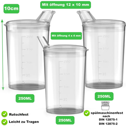 3x dzeršanas krūzītes ar vākiem 250ml Caurspīdīgas dzeršanas krūzītes senioriem 3 krūzīšu komplekts ar 3 vākiem (2 ar atveri 12 x 10 mm un 1 ar atveri 4 x 4 mm) dzeršanas krūzīte ar vāku - dzeršanas krūzīte mazulim