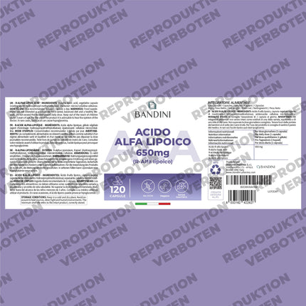 Bandini® alfa lipoīnskābe (alfa lipoīnskābe) 650 mg depo | 120 lielas devas vegānas kapsulas | Dabīgs antioksidants | Augsta biopieejamība | Palīdz pret iekaisumu | 4 mēnešu krājumi | Laboratorijā pārbaudīts
