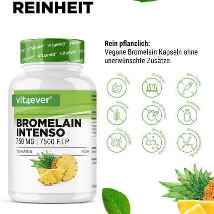 Bromelain Intenso - 750 mg (7500 FIP) - 120 kuņģa sulu izturīgas kapsulas - Īpaši augsta deva - Dabīgs ananāsu ekstrakts - Vegāns