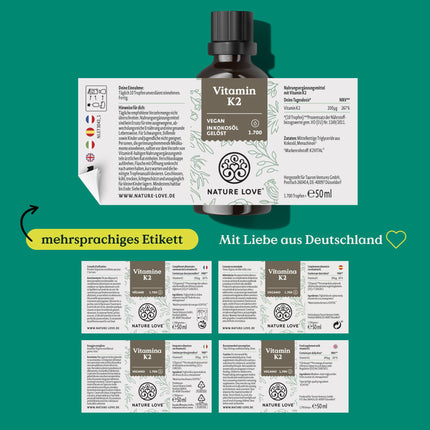 NATURE LOVE® K2 vitamīns MK7-200µg - 1700 pilieni (50ml) - Augstākais transtaukskābju saturs 99,7+% - Augsta kvalitāte: K2VITAL® no Kappa - izšķīdināts MCT kokosriekstu eļļā - Augsta deva, vegāns un ražots Vācijā
