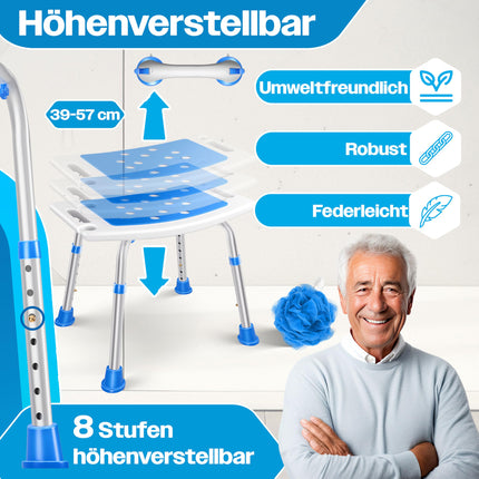 KESSER® dušas krēsls ar regulējamu augstumu | Viegls vannas istabas krēsls ar neslīdošām gumijas kājiņām, dušas krēsls ar celtspēju 136 kg | Dušas palīglīdzeklis senioriem | Vannas rokturis ar piesūcekņa rokturi | Dušas sēdeklis ar dušas turētāju