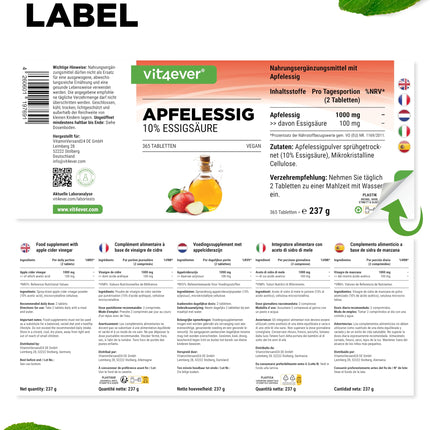 Ābolu sidra etiķis - 365 tabletes - augsta deva ar 1000 mg dienā - ar 10% ābolu etiķskābes - 6 mēnešu krājumi - bez nevēlamām piedevām - vegāns