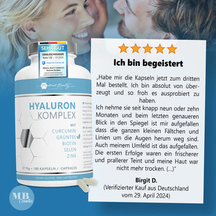 180 hialuronskābes kapsulas ar augstu cinka devu - 600 mg hialuronskābes ar kurkumīnu un zaļās tējas ekstraktu - vegānas hialuronskābes kapsulas ar biotīnu, selēnu bez piedevām, ražotas Vācijā un laboratorijā pārbaudītas