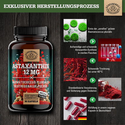 Astaksantīns 12 mg - SVARĪGI: Neoksidējas, pateicoties esterificētai struktūrai - Tiešs avots no Francijas (nevis Ķīnas preces) - Sertificēts astaksantīns augstā devā - DE- SCHEUNENGUT®