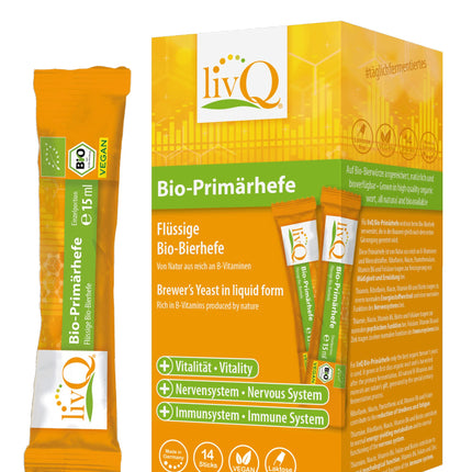 livQ Organic Primary Yeast Pure - superēdiena imunitāti stiprinošs šķidrums, organisks alus raugs no primārās fermentācijas ar B vitamīniem, atsvaidzinošs, vegāns un bez laktozes | 210 ml