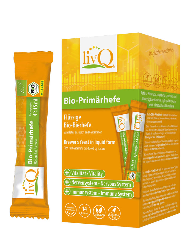 livQ Organic Primary Yeast Pure - superēdiena imunitāti stiprinošs šķidrums, organisks alus raugs no primārās fermentācijas ar B vitamīniem, atsvaidzinošs, vegāns un bez laktozes | 210 ml