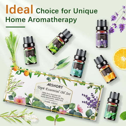 AESHORY ēterisko eļļu komplekts difuzoram 6 x 10 ml, 100% tīra aromterapijas smaržeļļa, aromātisko eļļu dāvanu komplekts ziepēm, svecēm, mitrinātājam, SPA - lavanda, piparmētra, tējas koks, saldais apelsīns, eikalipts