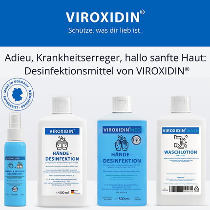 Viroxidin roku dezinfekcijas līdzeklis - 500 ml Eurodispenser pudele - pretvīrusu iedarbība - iznīcina 99% baktēriju - 83% spirta (etanola) - ierīvējams roku dezinfekcijas līdzeklis pret baktērijām, vīrusiem un sēnītēm - 500 ml (430 g)