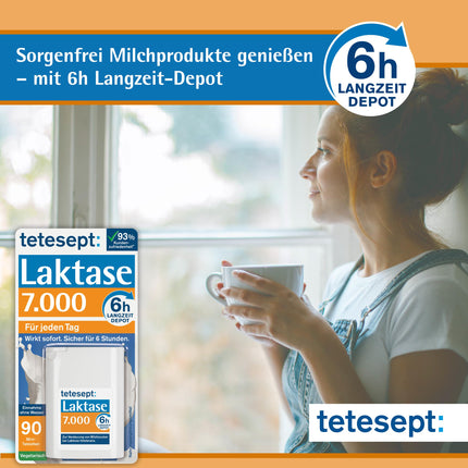 tetesept Lactase 7000 – laktāzes tabletes laktozes nepanesības gadījumā – uztura bagātinātājs ar tūlītēju iedarbību un 5 stundu ilgstošu depo – 1 bundža ar 90 tabletēm