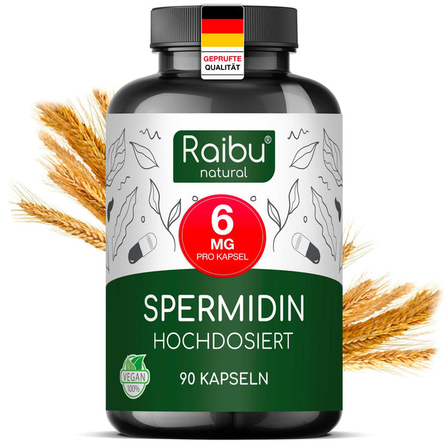 Raibu spermidīna kapsulas ar augstu devu - 6 mg spermidīna vienā kapsulā (90 x 6 mg) - no kviešu dīgļu ekstrakta, 3 mēnešu krājumi - vegānisks, dabīgs un bez piedevām