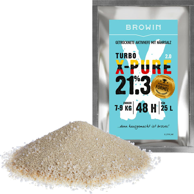 Browin Yeast Turbo X-Pure 403113 augstas kvalitātes fermentācijas raugs destilācijai līdz 21,3% alkohola 48 stundu laikā uz 25 litriem un 7-9 kg cukura 135 g