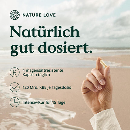 NATURE LOVE® Probiona PLUS - 120 miljardi CFU dienā (liela deva) - 20 baktēriju celmi + organiskais inulīns - 60 kuņģa skābei izturīgas kapsulas - vegāns, izstrādāts Vācijā, firmas izejviela no Itālijas