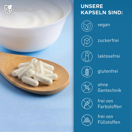 FürstenMED® Bifidoflor HIT + FI histamīna nepanesības un fruktozes nepanesības ārstēšanai ar Bifidobacterium un Lactobacillus celmiem - 60 kuņģa sulu izturīgas kapsulas - Laboratorijā pārbaudītas, vegānas un bez piedevām