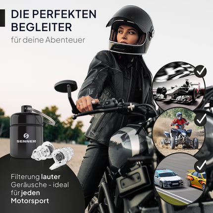 Senner ® MotoPro dzirdes aizsargi — ausu aizbāžņi motocikliem un motosportam, viegli valkājami un klusi, samazina vēja troksni, satiksmes troksnis paliek dzirdams, ar alumīnija korpusu, atkārtoti lietojami, trokšņu aizsardzības ausu aizbāžņi