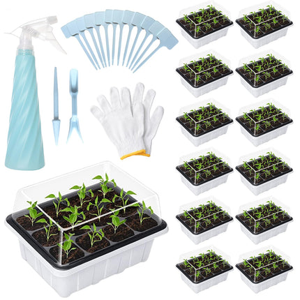 GAESHOW 12 iepakojumu iekštelpu siltumnīcas pavairotājs, 144 režģu mini siltumnīcas pavairošanas komplekts ar paceltu vāku, atkārtoti lietojama pavairošanas plāksne, siltumnīcas pavairošanas paplātes stādiem