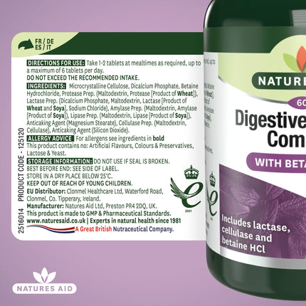 Nature's Aid gremošanas enzīmu komplekss ar betaīna hidrohlorīdu, 60 vegānas tabletes