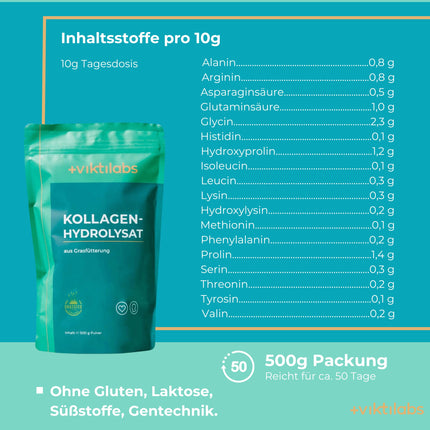 Viktilabs© - 100% tīrs no zālē barotām govīm iegūts kolagēna hidrolizāts | Kolagēna pulveris ar 18 aminoskābēm | 1., 2. un 3. tipa kolagēns | Bez kofeīna | Kolagēna pulveris laboratoriski pārbaudīts | Kolagēna pulveris 500g