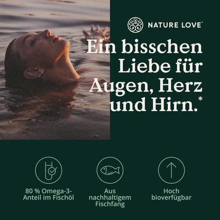 Nature Love Premium Omega 3 JAUNUMS - 120 kapsulas - 1000 mg zivju eļļas vienā kapsulā ar 80% Omega 3 saturu (EPA un DHA) - Augsta deva un augsta biopieejamība, pateicoties triglicerīdu formai - no ilgtspējīgas zvejas