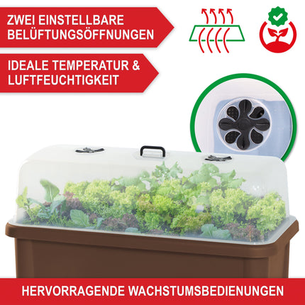 Onbest paaugstināta dobe/aukstais rāmis – ar pārsegu/ūdens indikatoru – izgatavots no izturīgas plastmasas – ideāli piemērots dārzam/terasei/balkonam – paaugstināta garšaugu dobe audzēšanai – puķu pods ar dārza instrumentiem (kafija)